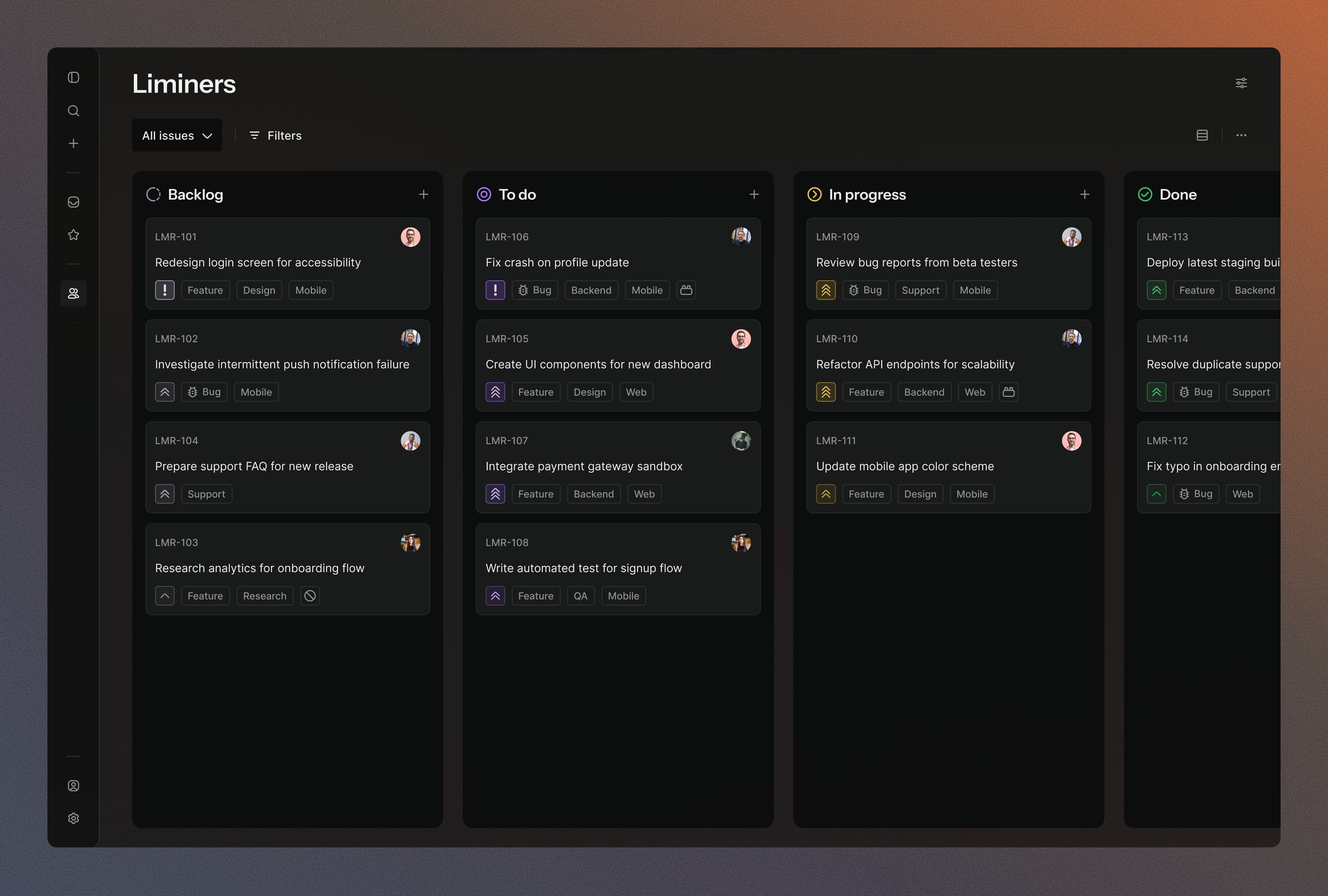 Limin issue-tracking board with Backlog, To do, In progress and Done columns