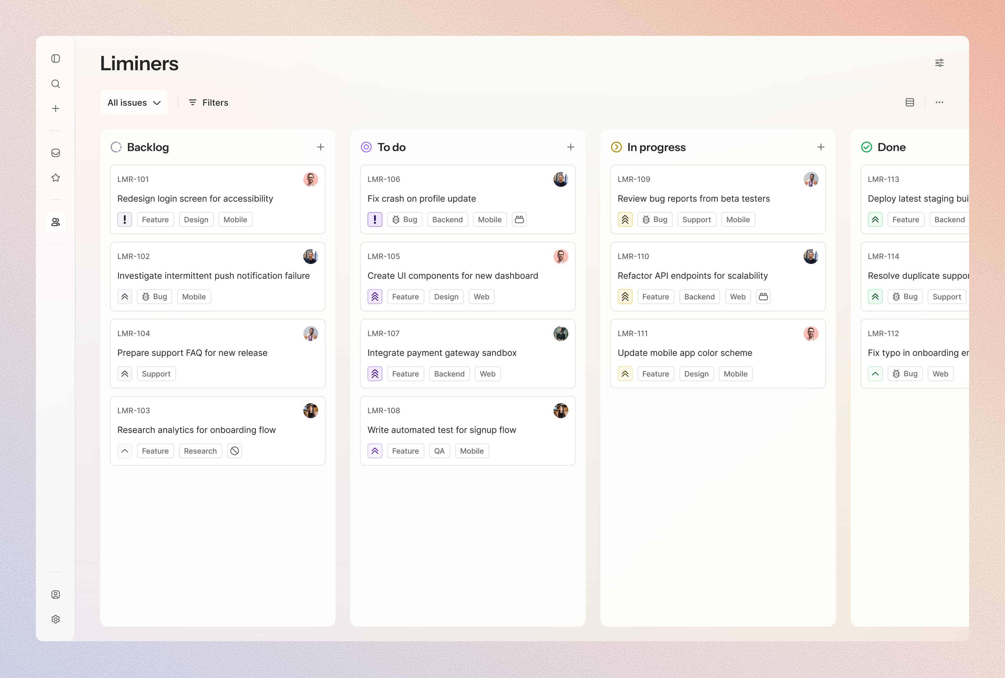 Limin issue-tracking board with Backlog, To do, In progress and Done columns